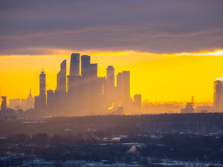 Skyscrapers of Moscow City downtown at winter sunriseの写真素材