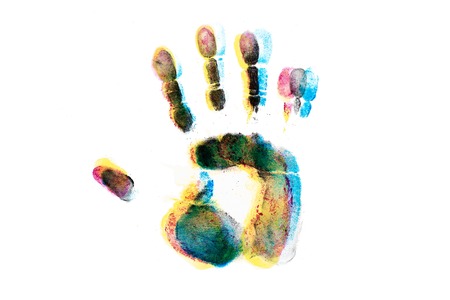 CMYK Color hand prints on white background. Cyan, Magenta, Yellow, Black laser printer toner.の写真素材