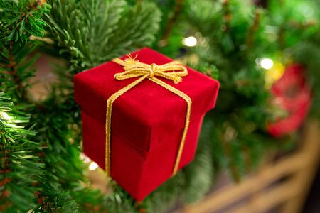 Closeup of christmas tree with balls and light. Christmas background.の写真素材