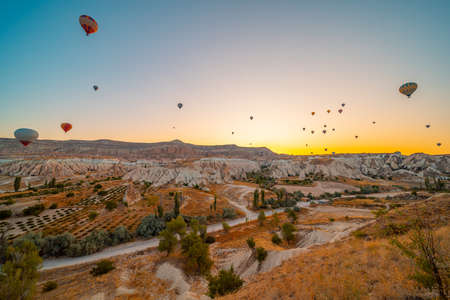 Kapadokya Beautiful vibrant colorful balloons in sunrise light in Cappadocia Turkey Goremeの写真素材