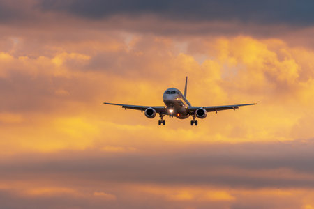Aircraft is landing. Business trip. Commercial plane. Travel. Conceptの写真素材