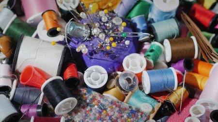 Background with threads, needles and other accessories for embroidery. The art of needlework.