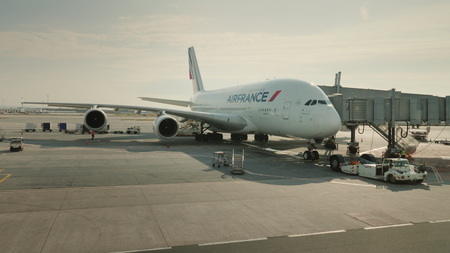Paris, France, Charles de Gaulle Airport, September 2018: Airliner company AirFrance is preparing for departure. View from the terminal windowのeditorial素材
