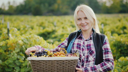 Portrait of a woman farmer with a basket of grapes. Looking at cameraの写真素材