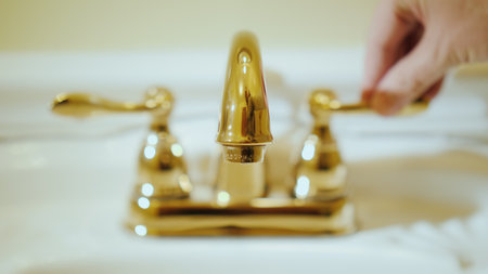 The hand opens the water in the faucet with water. Water supply and luxury plumbing