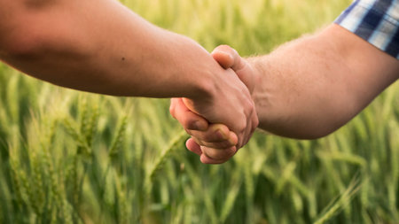A firm handshake between two male farmers on the background of a wheat field.