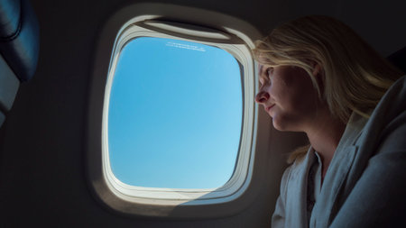 The passenger looks out the window, traveling in an airplane