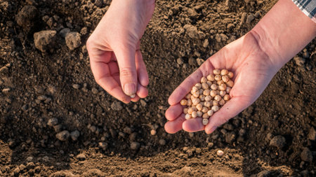 Hands with a handful of seeds above the groundの写真素材