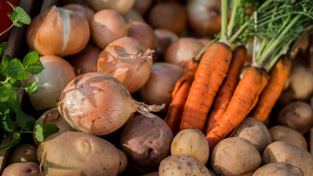 Carrots, potatoes and onions - a set of vegetables from the autumn harvestの写真素材