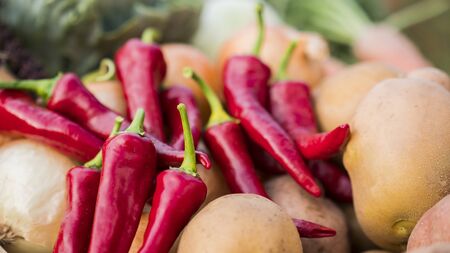 Appetizing red hot pepper lies on a potato on the counter.の写真素材
