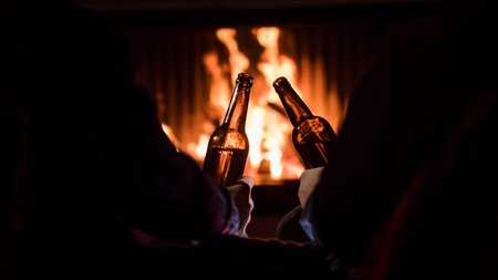 Winter escape - men relax by the fireplace with beer in their hands