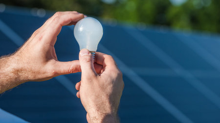 Mans hands hold a light bulb against the background of solar panels