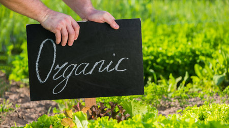 Farmer sets up Organic plaque on his fieldの写真素材