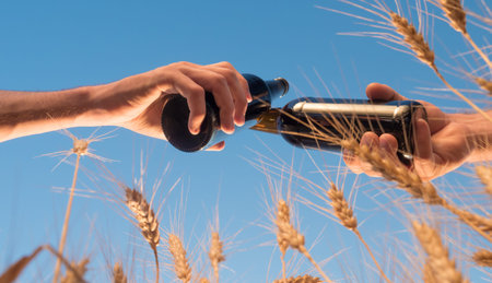 Two men clink bottles of beer on a background of a wheat. Low angle shot