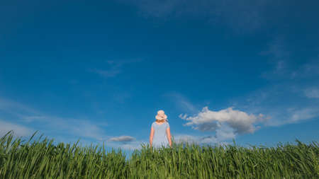 A woman stands on a green meadow against a beautiful blue sky with cloudsの写真素材