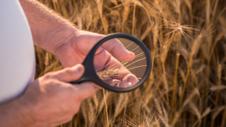 Top view: An agronomist studies wheat spikes through a magnifying glassの写真素材