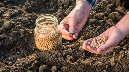Plant grain in the ground, close-up