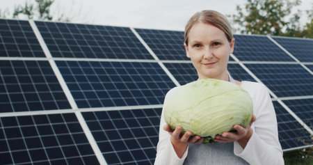 Farmer woman holding head of cabbage, standing against solar power plant background