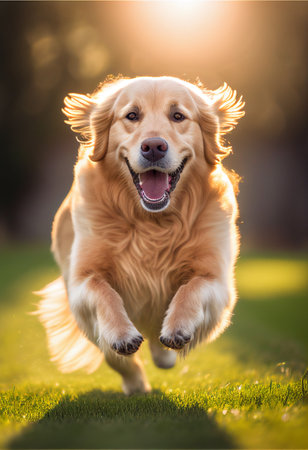 Dog breed golden retriever runs through the grass in the sun. AI generated.の写真素材