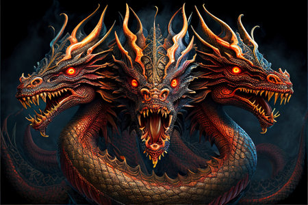 Fire-breathing dragon with three heads. AI generated.の写真素材