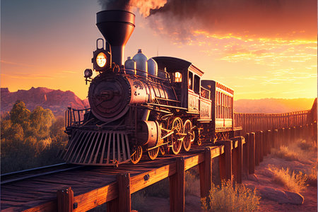 A steam locomotive from the times of the Wild West rides over a wooden bridge. AI generated.の写真素材