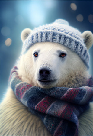 Portrait of a polar bear in a scarf and hat. AI generatedの写真素材