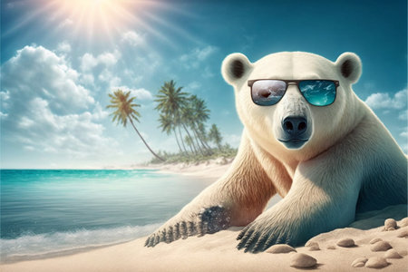 Portrait of Polar Bear in sunglasses at the resort. AI generatedの写真素材