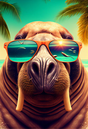 Portrait of walrus in sunglasses at the resort. AI generatedの写真素材