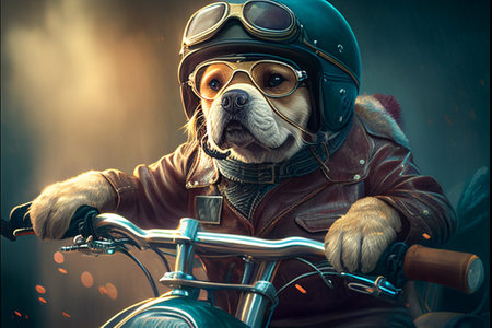 Funny dog rides a motorcycle. AI generated.の写真素材