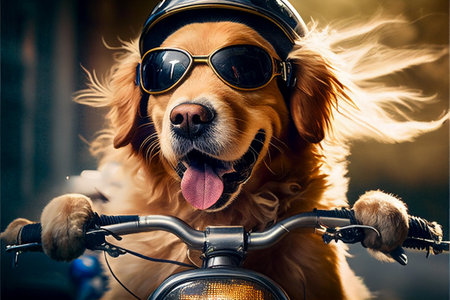 Funny dog rides a motorcycle. AI generated.の写真素材