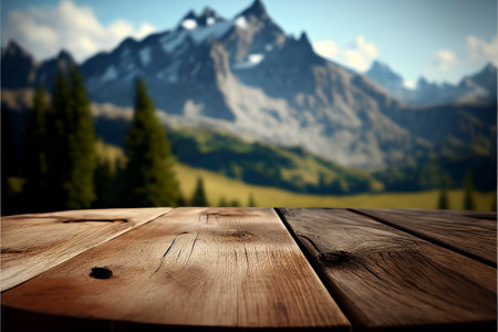 Empty wooden table against the backdrop of mountains and meadows. AI generated.の写真素材