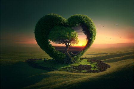 A heart-shaped tree grows in a picturesque valley. AI generated.の写真素材