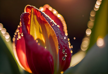 Close-up of a tulip with dew drops. AI generatedの写真素材