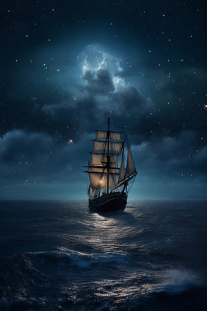 Sailing ship in the sea against the background of the starry sky. AI generatedの写真素材