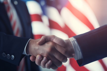Two businessmen in business suits shaking hands on the background of the American flag. AI generatedの写真素材