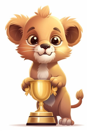 Lion cub fox with champion cup. AI generatedの写真素材