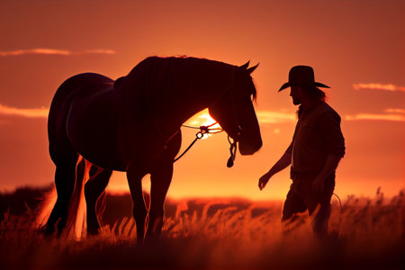Silhouette of a cowboy near his horse, stand side by side at sunset. AI generatedの写真素材