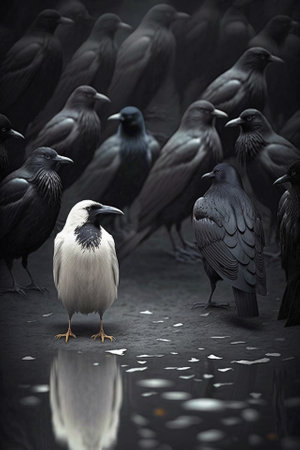White crow on the background of ordinary black crows. AI genaratedの写真素材