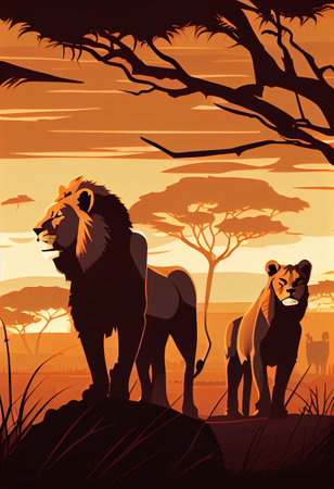 Pride of lions at sunset in the savannah. AI generated.の写真素材