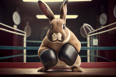 Athletic rabbit in boxing gloves. AI generated.の写真素材