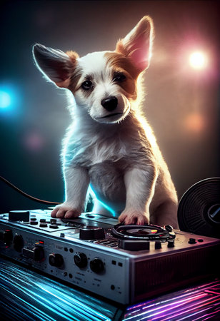 Cool dog dj works at the dj console. AI generated.の写真素材