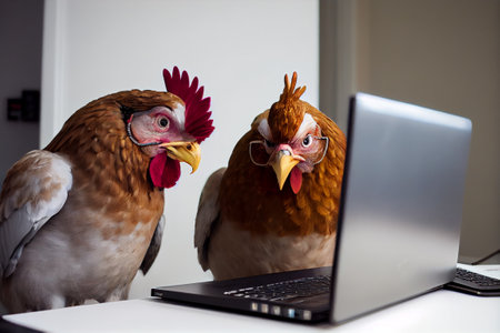 Chickens staring at a laptop screen. AI generated.の写真素材