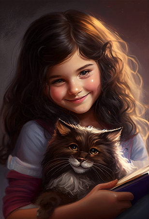 Portrait of a child with a beloved cat. AI genaratedの写真素材