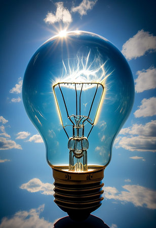 Shining light bulb against the blue sky. AI genarated