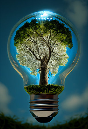 Green tree and city inside a light bulb. AI genarated