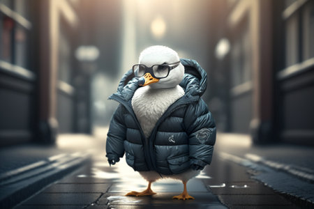 Cute duck in a warm down jacket and glasses. AI generatedの素材