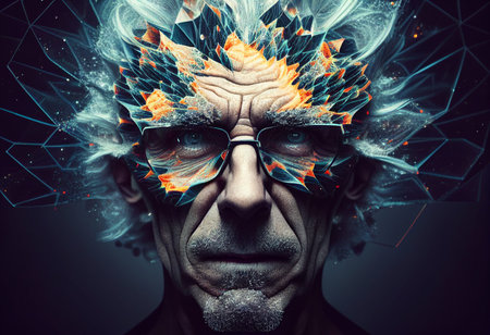 Portrait of a man made of fractal particles and mental disorder. AI genarated