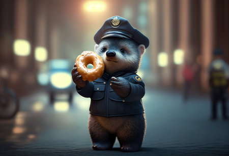 Cute teddy bear with a donut on the city street. AI genaratedの写真素材