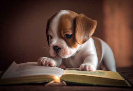 Cute little puppy reading a book. AI genaratedの写真素材