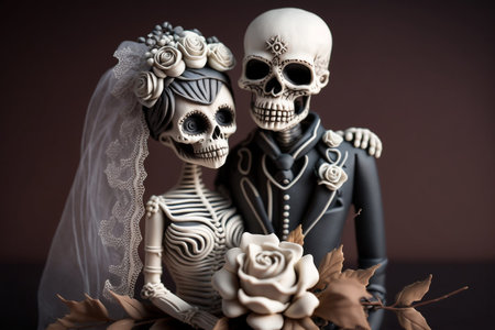 Elegant bride and groom skeletons on the wedding day. AI genarated